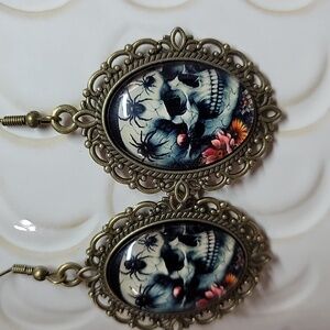 Vintage Macabre Spider Skull Floral Earrings